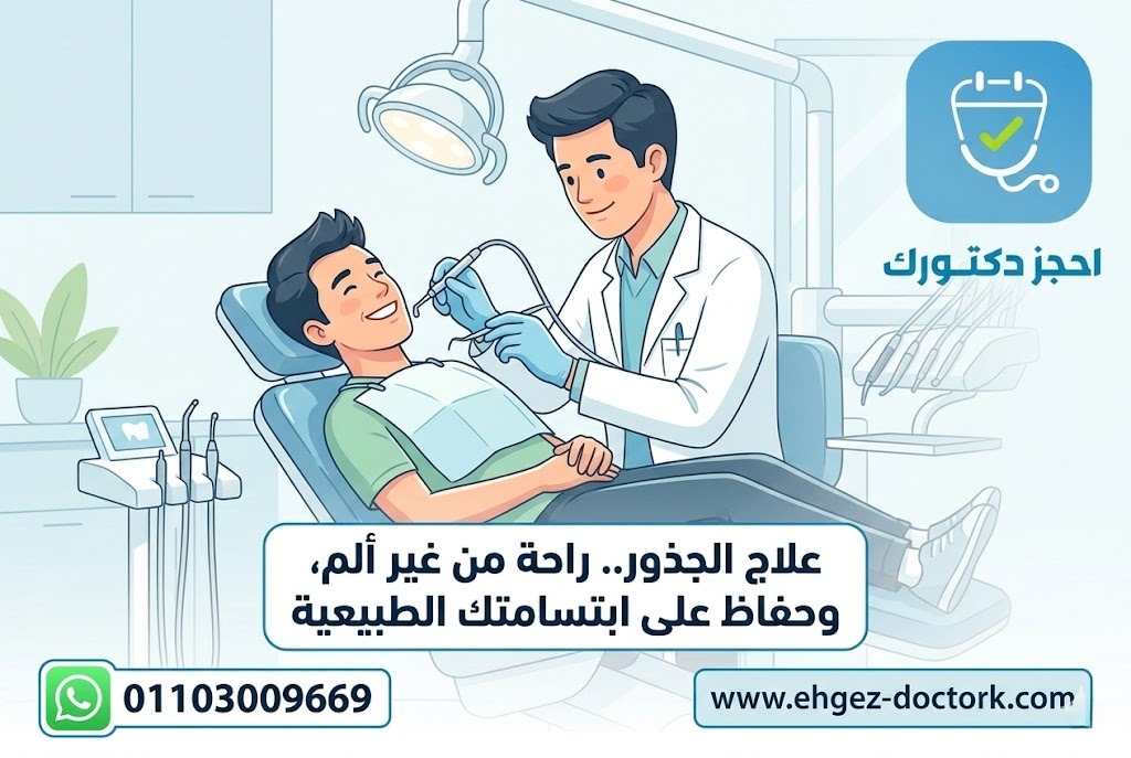 رسم توضيحي لطبيب أسنان يقوم بإجراء علاج الجذور لمريض يجلس على كرسي الأسنان داخل عيادة حديثة، مع ظهور أدوات التعقيم والإضاءة الطبية، ويبدو المريض مرتاحًا أثناء العلاج، في إشارة إلى أن الإجراء يتم بدون ألم ويحافظ على الابتسامة الطبيعية.